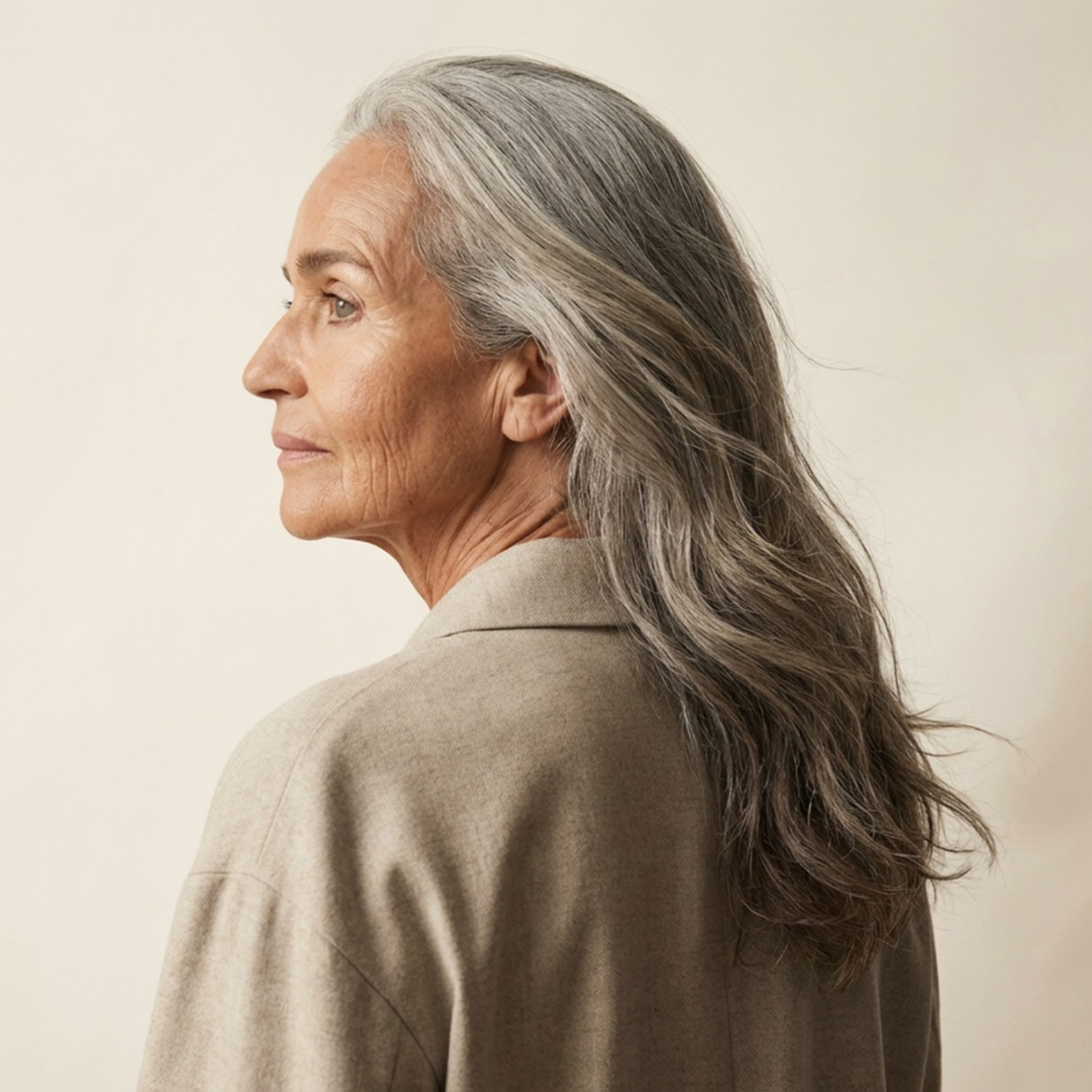 A side profile of a middle aged woman